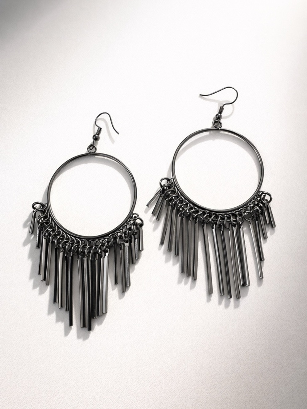 Fringed Hoop Drop Earrings in Gunmetal - Picture 3 of 4